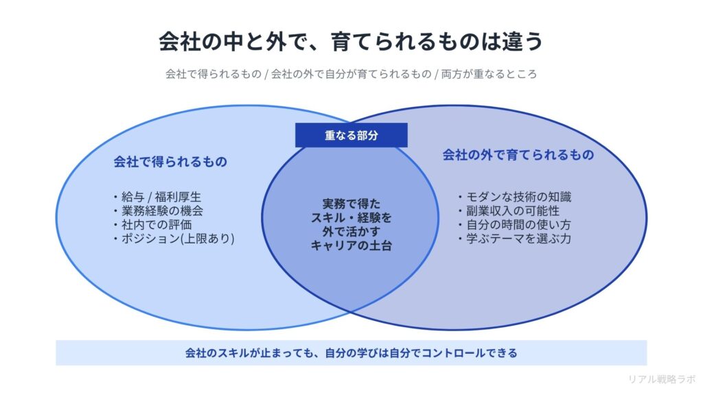 3層比較 「会社で得られるもの／会社の外で自分が育てられるもの／両方が重なるところ